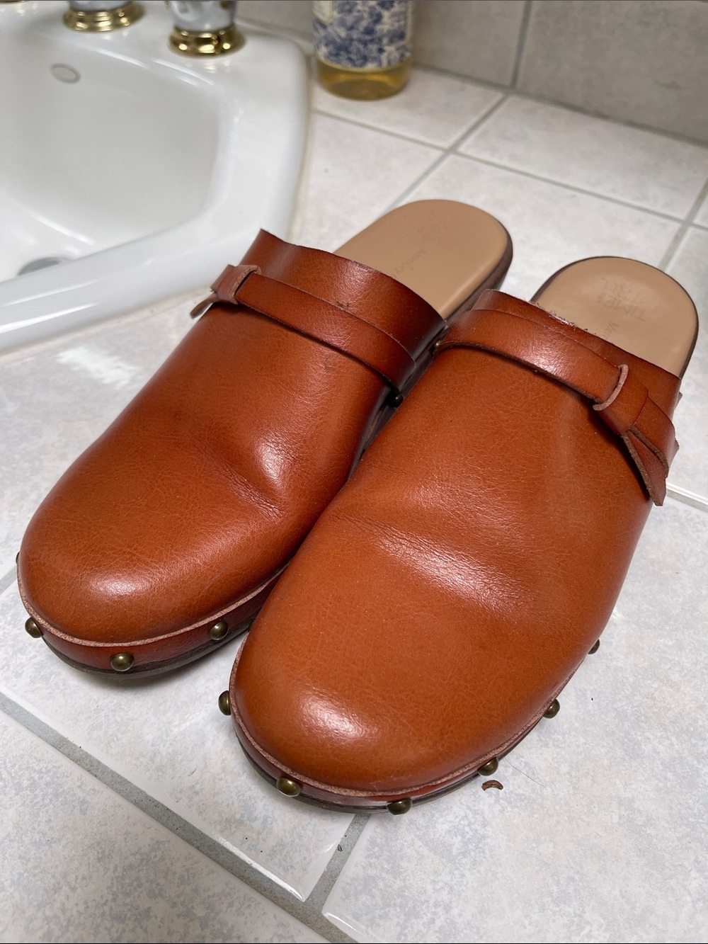 Time and Tru Cognac Leather Slip-On Clogs